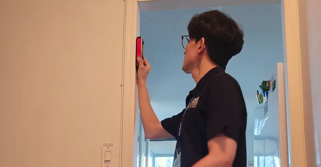 Home inspector examining interior walls and ceiling