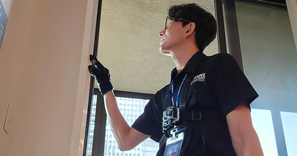 Home inspector examining interior walls and ceiling